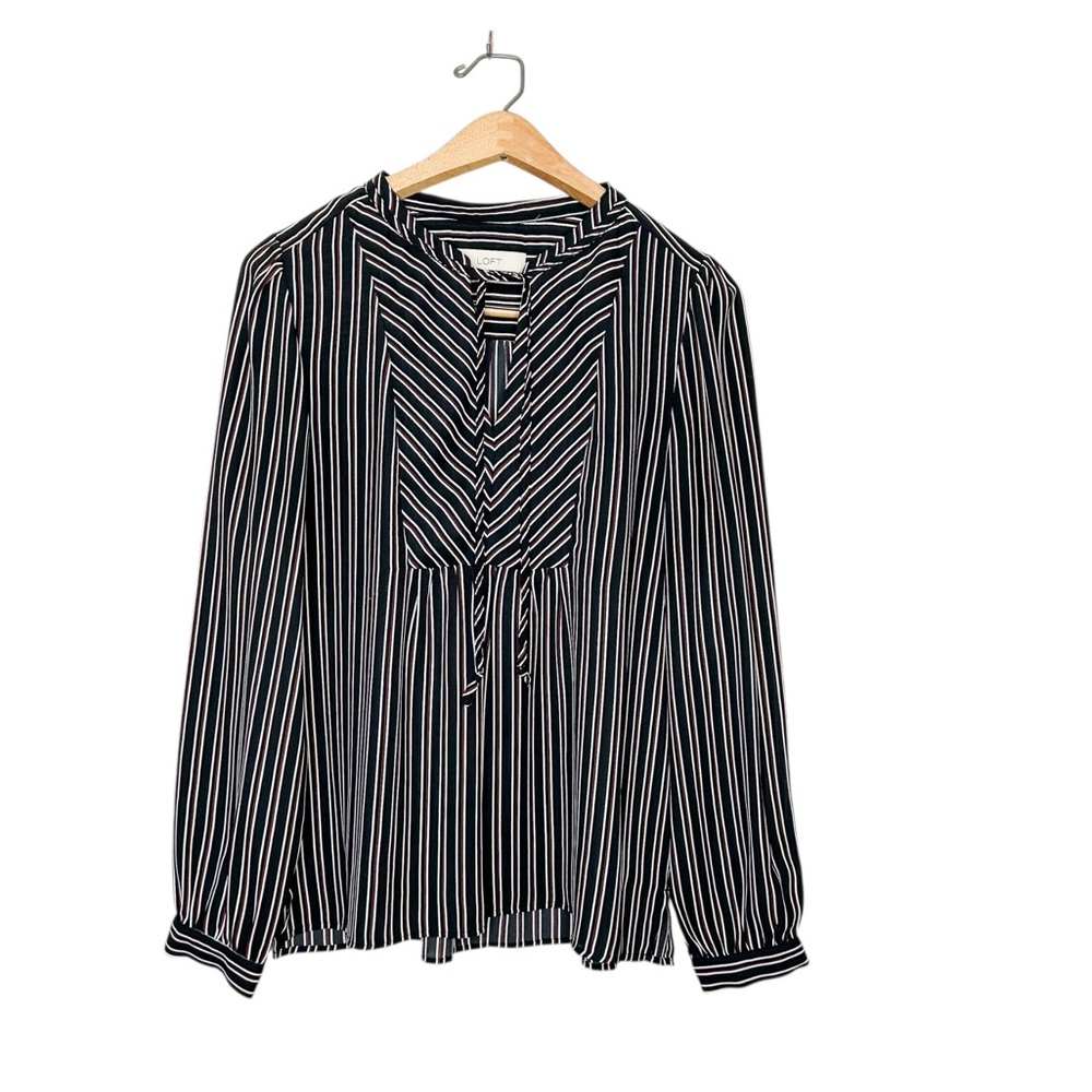 Ann Taylor LOFT Tie Neck Long‎ Sleeve Stripe Blouse Business Casual Top Medium M